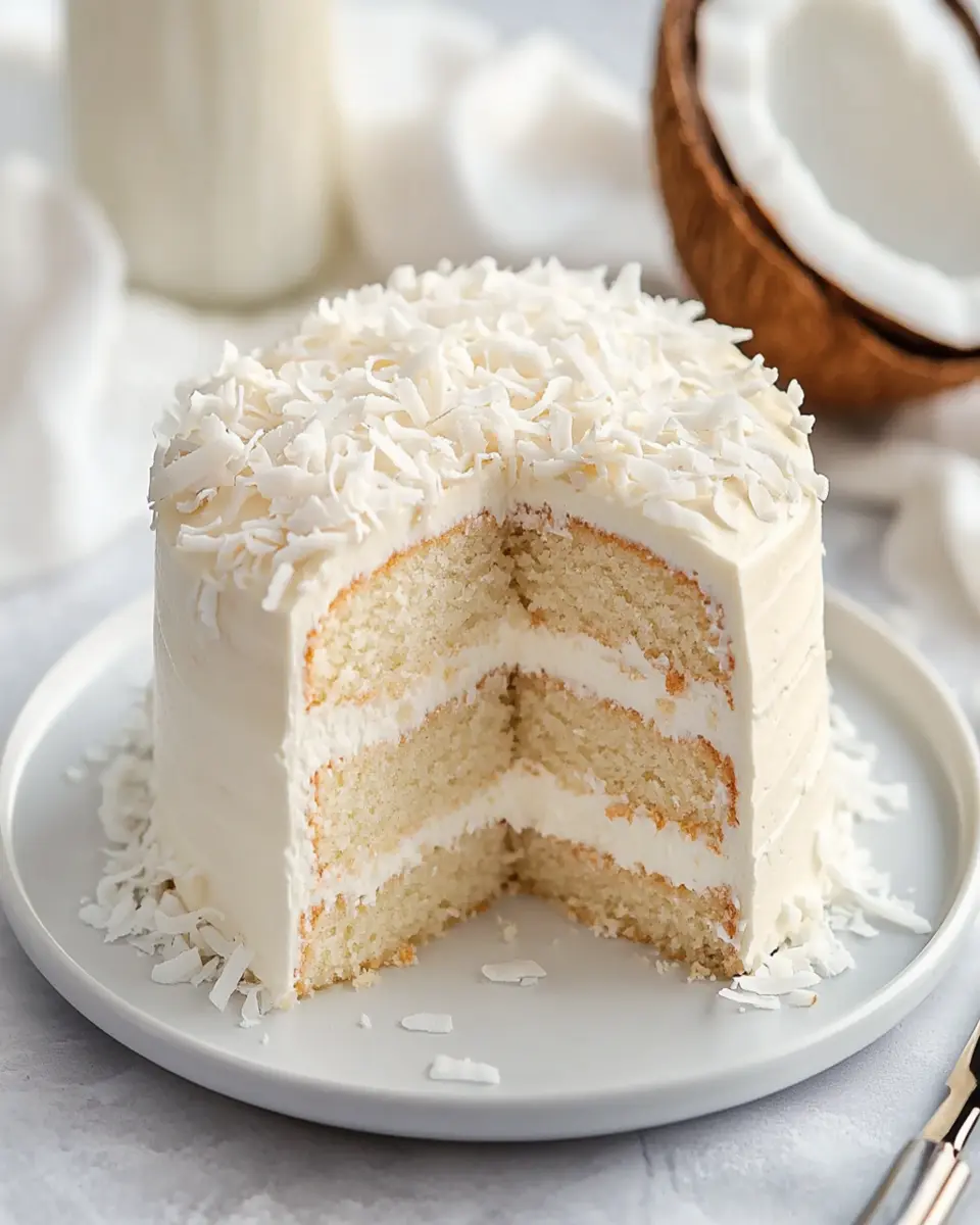 White Chocolate Coconut Cake: A Soft, Moist Coconut Dessert with White Chocolate Filling First Image First Image