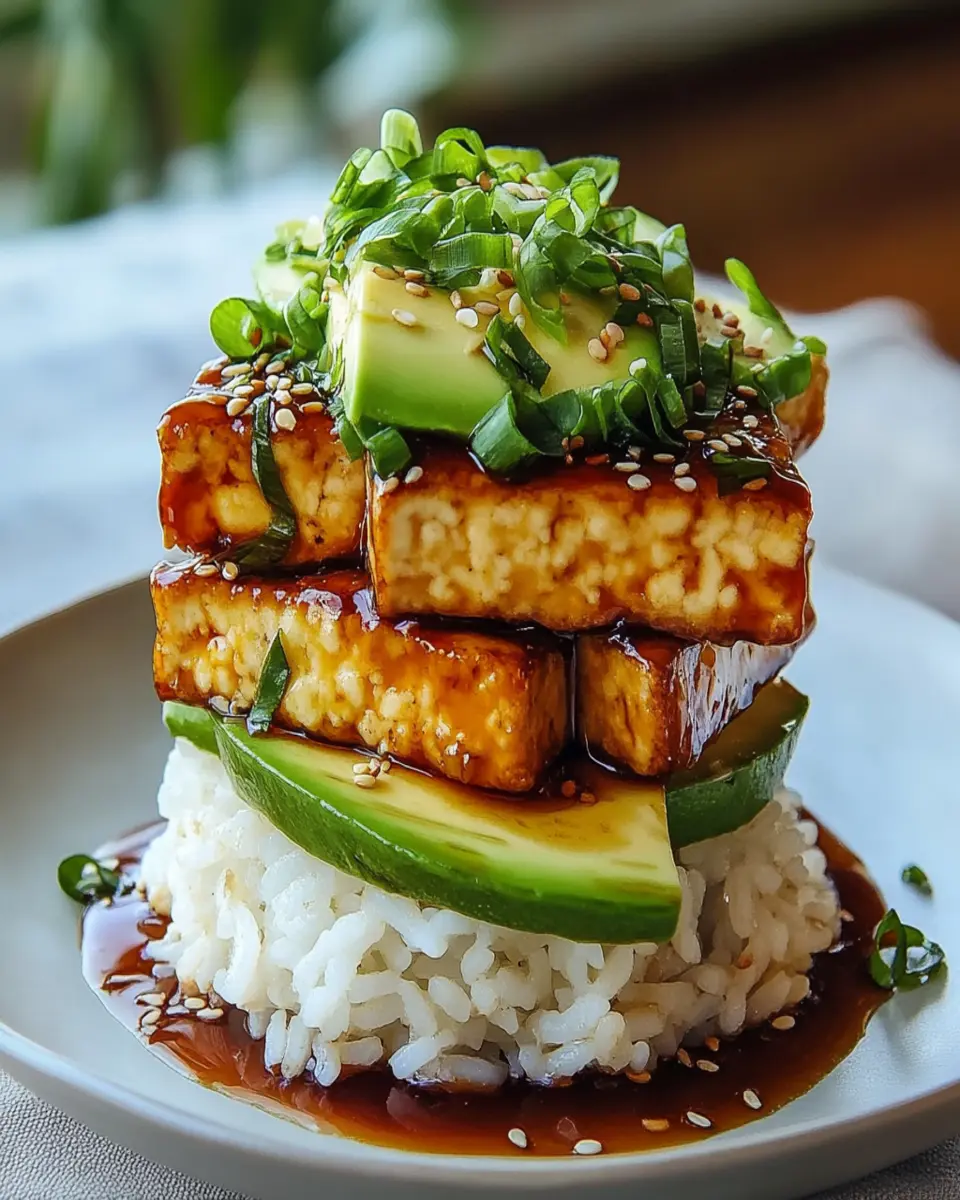 Crispy Teriyaki Tofu & Avocado Rice Stack – Easy Recipe! First Image First Image