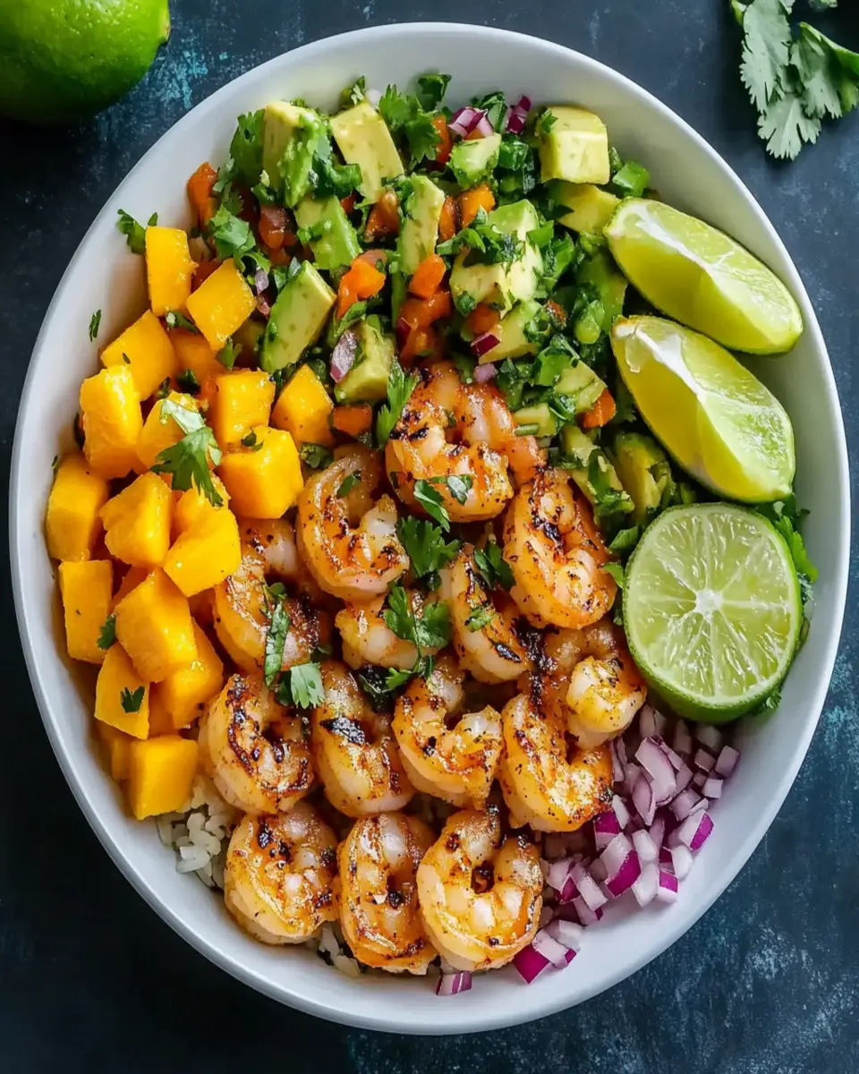 Shrimp and Avocado Bowls with Mango Salsa & Lime Chili Sauce First Image First Image