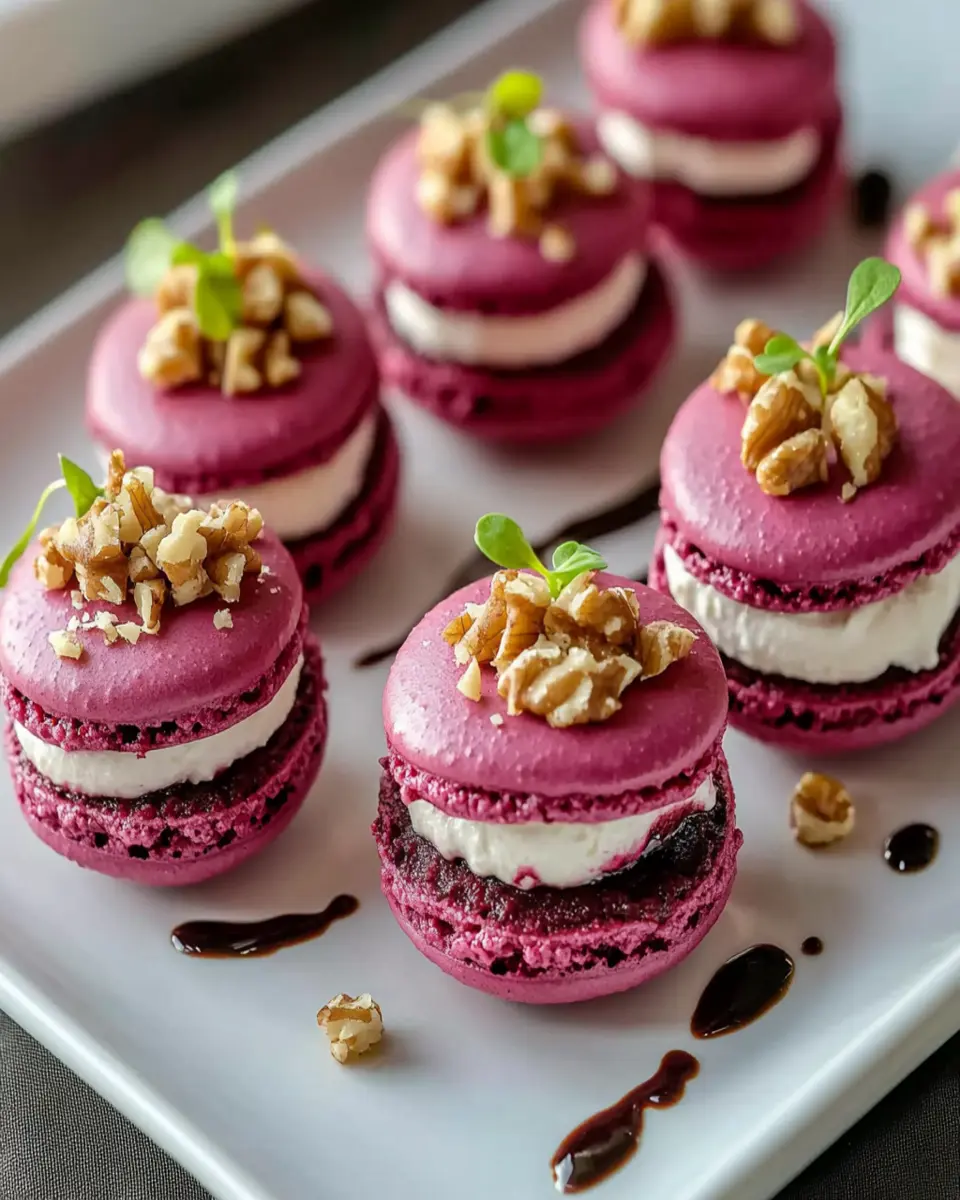 Savory Beet Macarons with Goat Cheese Walnut Crunch First Image First Image