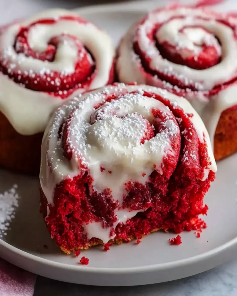 Red Velvet Cinnamon Rolls with Cream Cheese Frosting First Image First Image