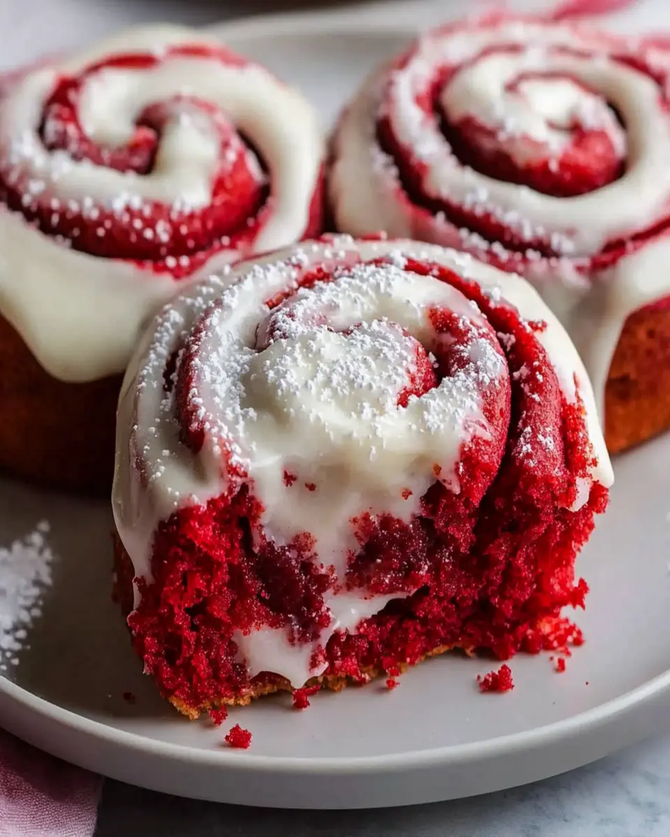 Red Velvet Cinnamon Rolls with Cream Cheese Frosting First Image First Image